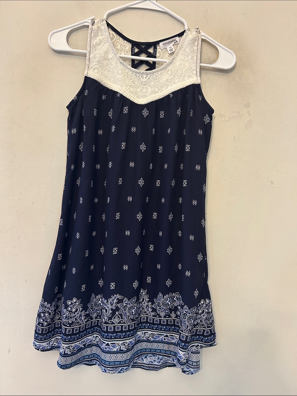 Eyeshadow Girls Navy Blue Lace Yoke Sundress with Border Print Size 12 New